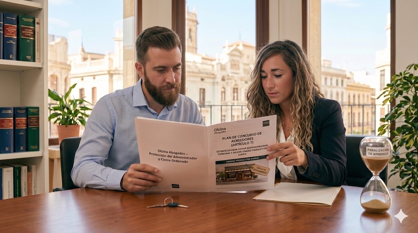 Administrador de empresa revisando plan de Concurso de Acreedores con abogada